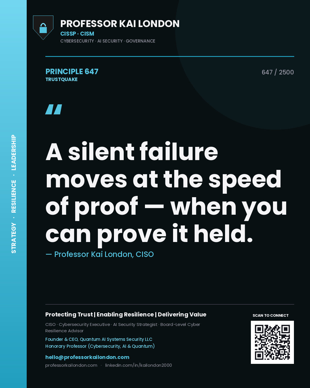 Quote card by Professor Kai London reading 'A silent failure moves at the speed of proof — when you can prove it held.'. From the book Trustquake.