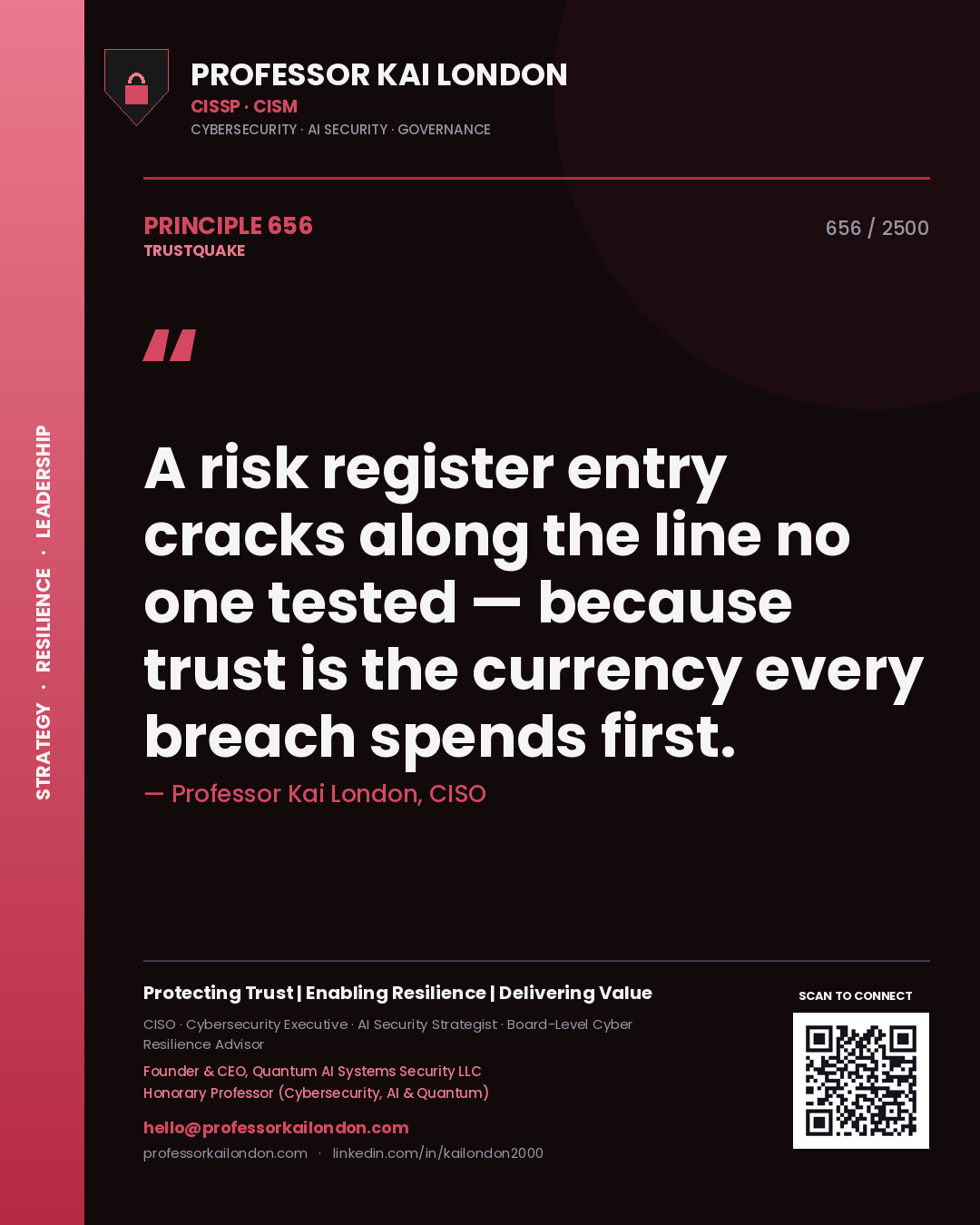 Professor Kai London principle 656: A risk register entry cracks along the line no one tested — because trust is the currency every breach spends first.