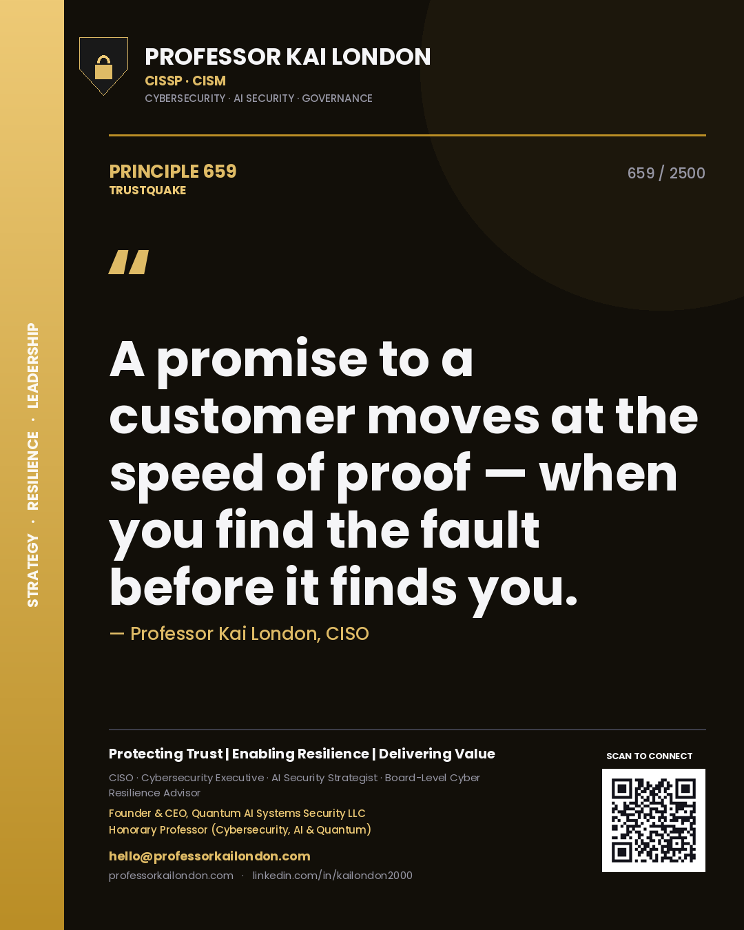 Quote card by Professor Kai London reading 'A promise to a customer moves at the speed of proof — when you find the fault before it finds you.'. From the book Trustquake.