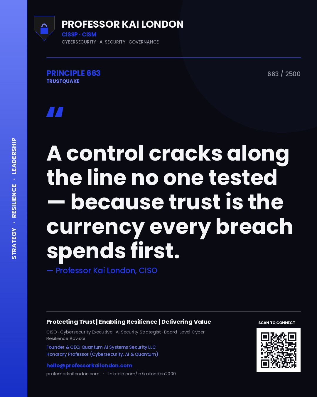 Professor Kai London principle 663: A control cracks along the line no one tested — because trust is the currency every breach spends first.