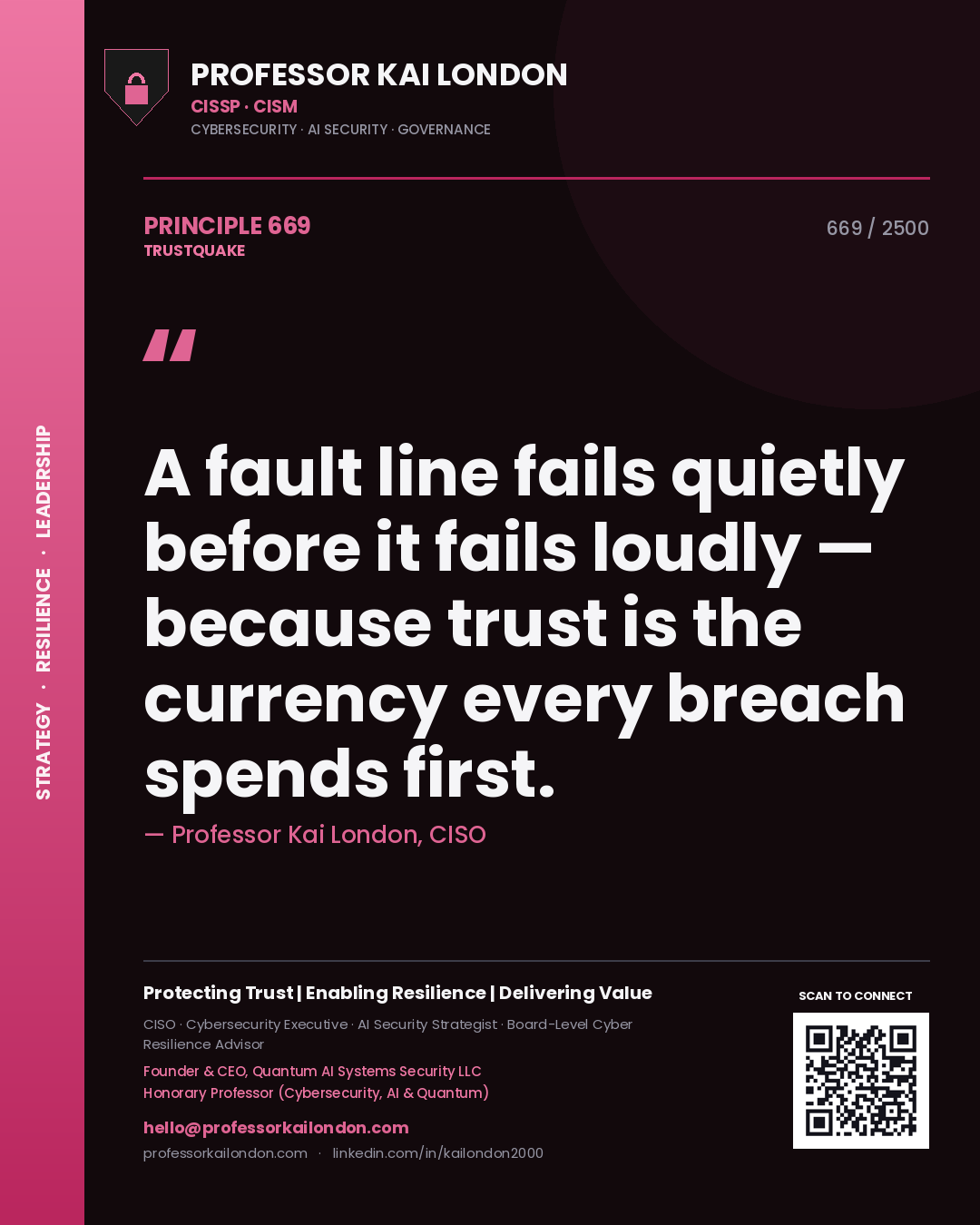 Professor Kai London principle 669: A fault line fails quietly before it fails loudly — because trust is the currency every breach spends first.