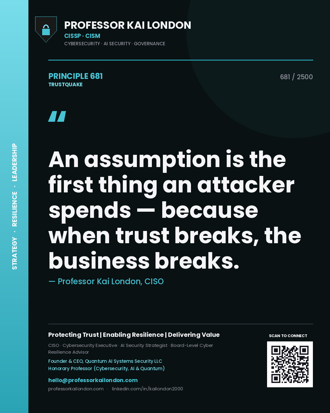 Quote card by Professor Kai London reading 'An assumption is the first thing an attacker spends — because when trust breaks, the business breaks.'. From the book Trustquake.