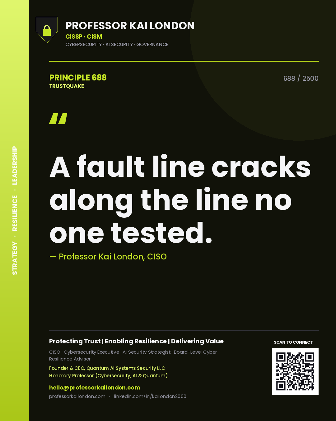 Quote card by Professor Kai London reading 'A fault line cracks along the line no one tested.'. From the book Trustquake.