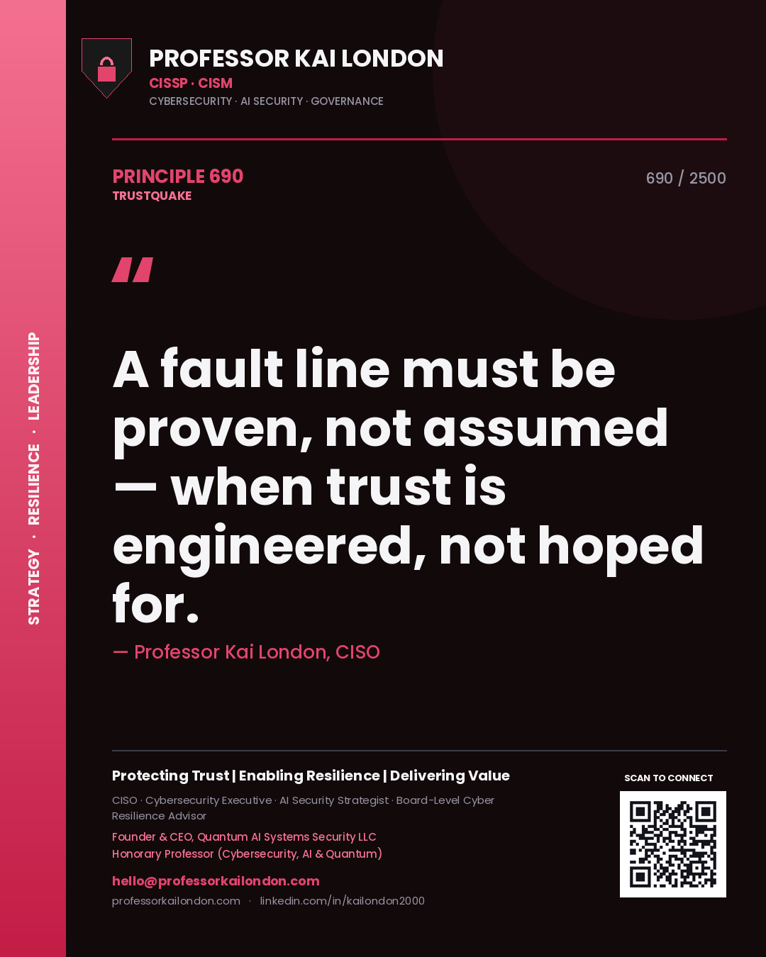 Quote card by Professor Kai London reading 'A fault line must be proven, not assumed — when trust is engineered, not hoped for.'. From the book Trustquake.