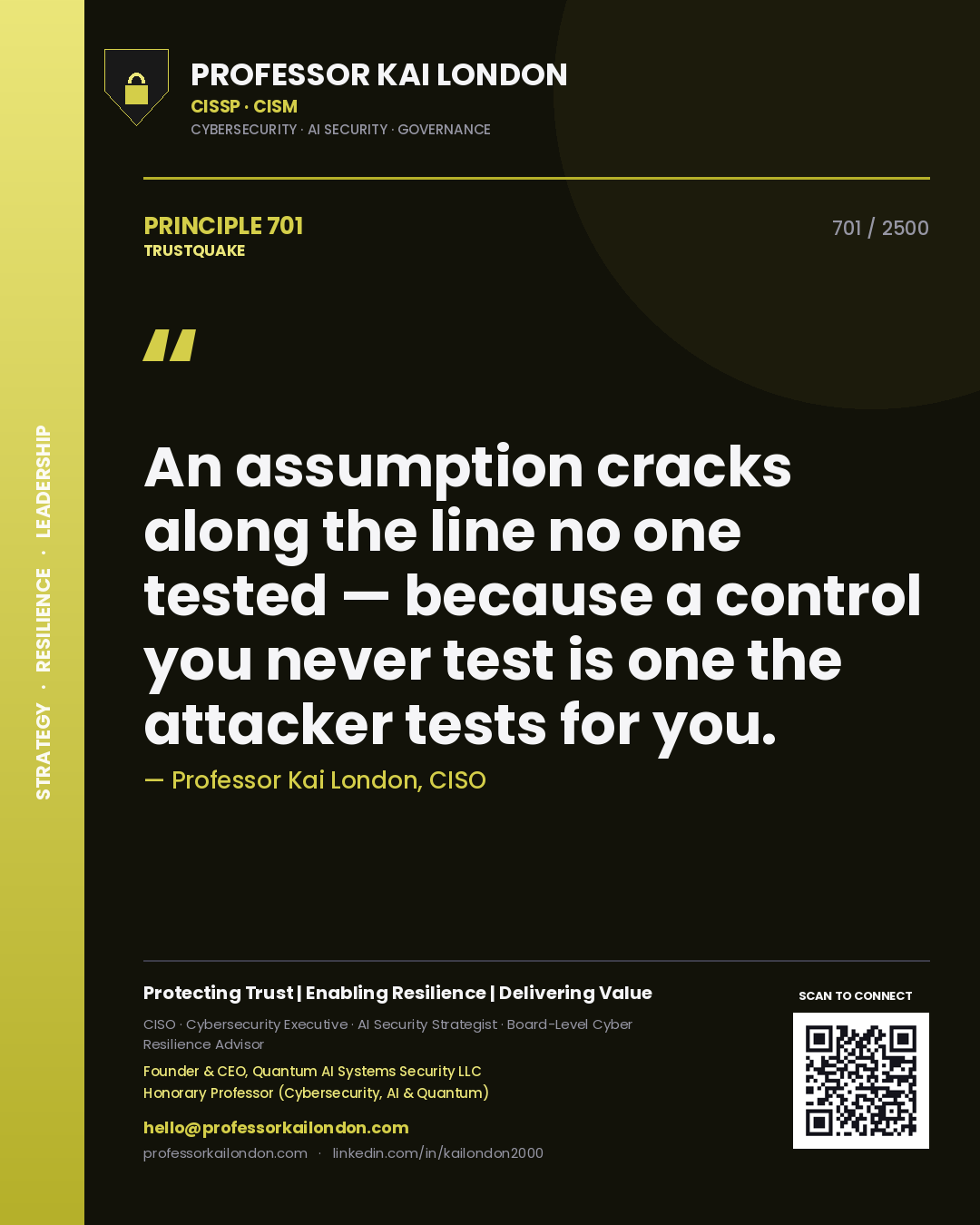 Quote card by Professor Kai London reading 'An assumption cracks along the line no one tested — because a control you never test is one the attacker tests for you.'. From the book Trustquake.