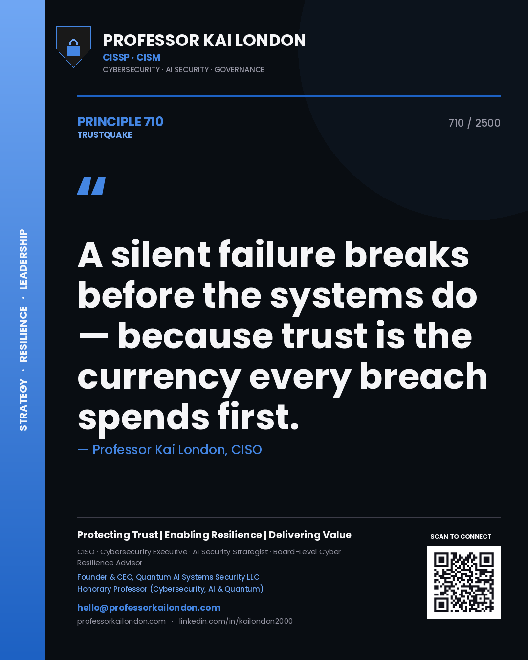 Quote card by Professor Kai London reading 'A silent failure breaks before the systems do — because trust is the currency every breach spends first.'. From the book Trustquake.