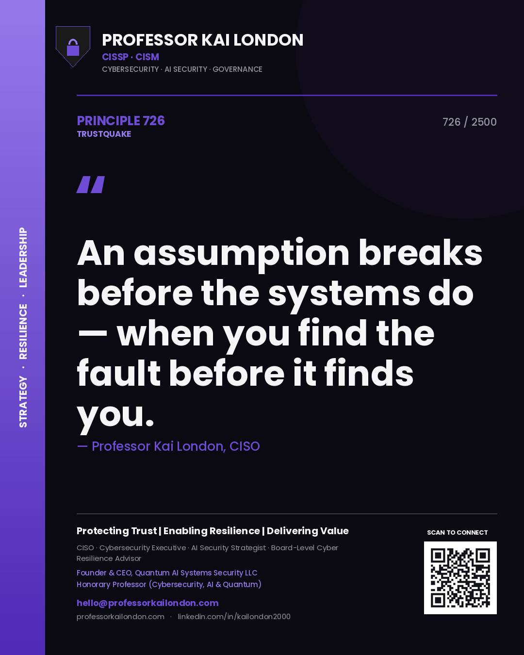 Professor Kai London principle 726: An assumption breaks before the systems do — when you find the fault before it finds you.