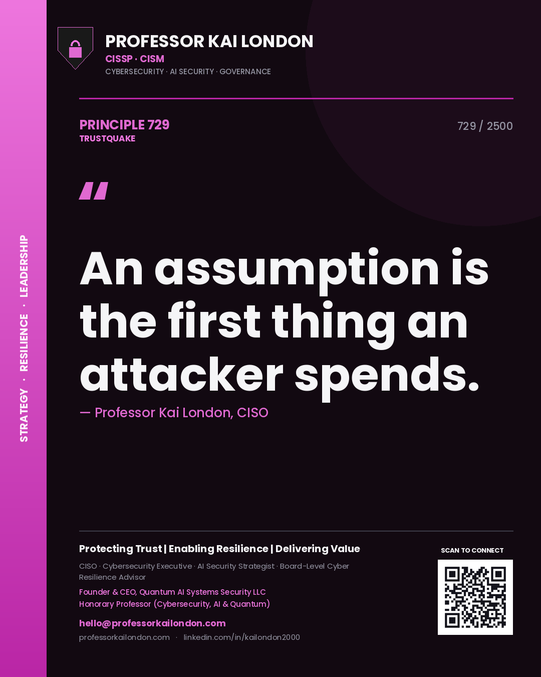 Quote card by Professor Kai London reading 'An assumption is the first thing an attacker spends.'. From the book Trustquake.