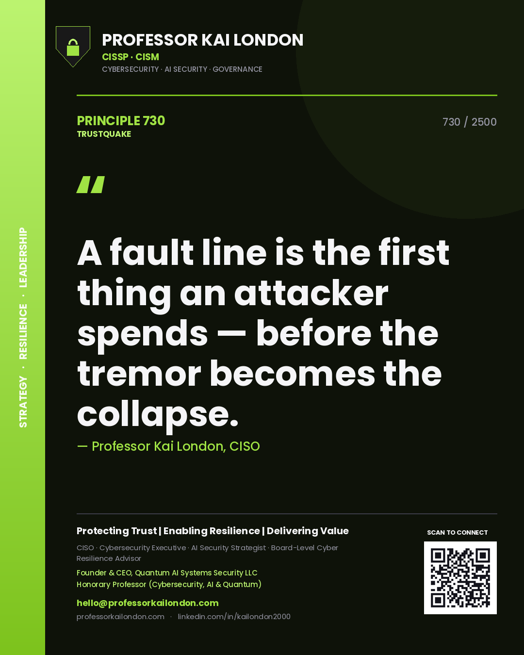 Quote card by Professor Kai London reading 'A fault line is the first thing an attacker spends — before the tremor becomes the collapse.'. From the book Trustquake.