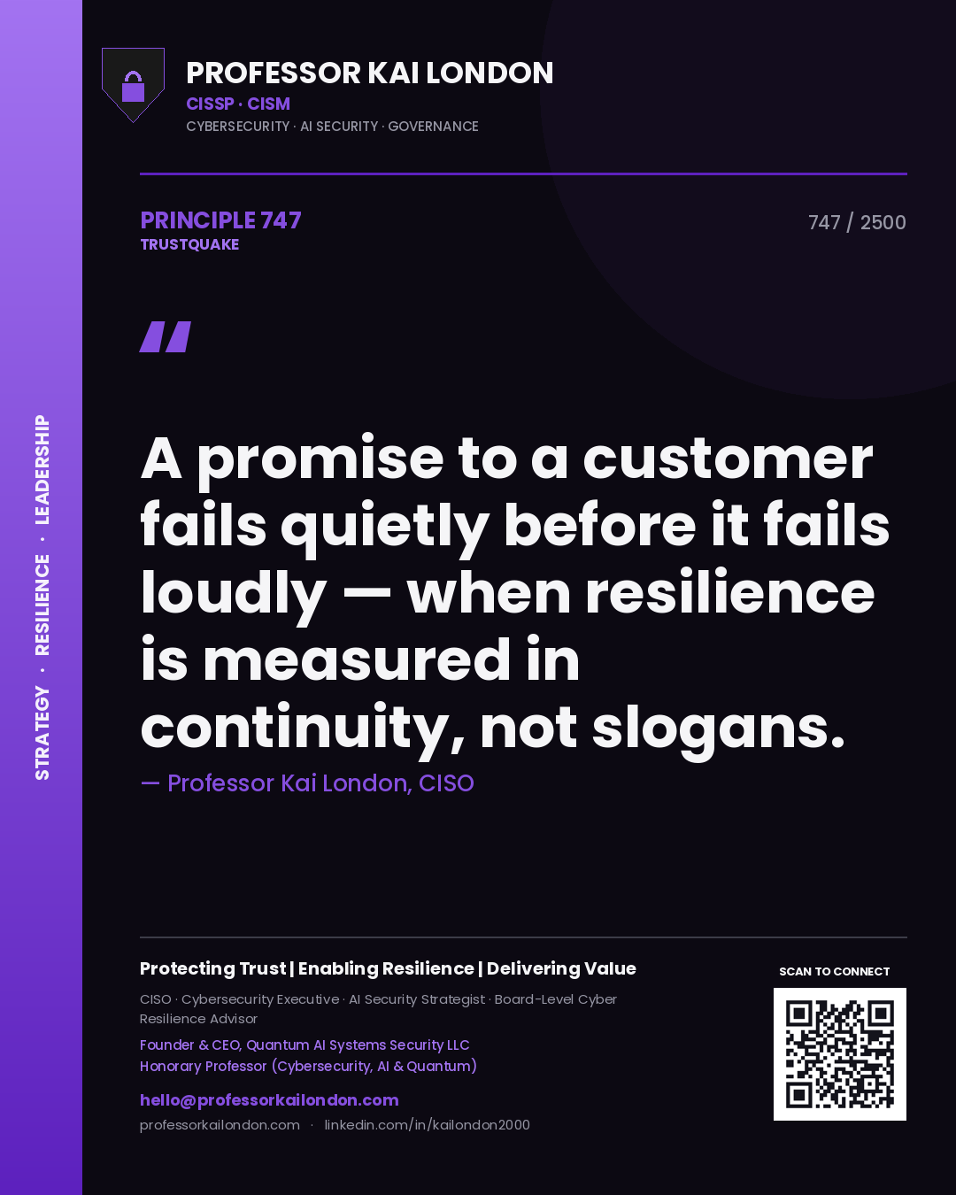 Professor Kai London principle 747: A promise to a customer fails quietly before it fails loudly — when resilience is measured in continuity, not slogans.