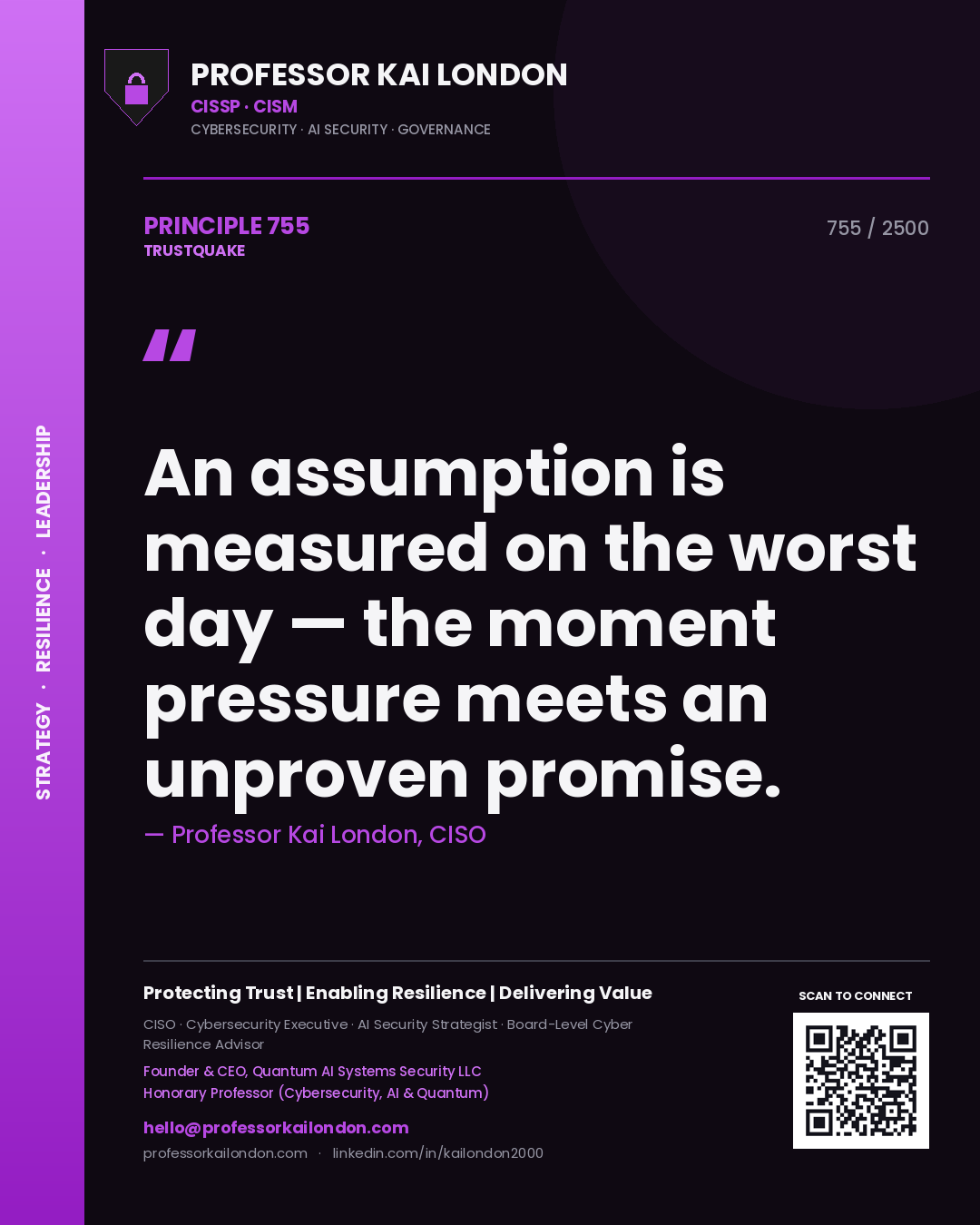 Professor Kai London principle 755: An assumption is measured on the worst day — the moment pressure meets an unproven promise.