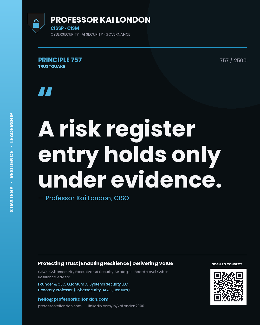 Quote card by Professor Kai London reading 'A risk register entry holds only under evidence.'. From the book Trustquake.