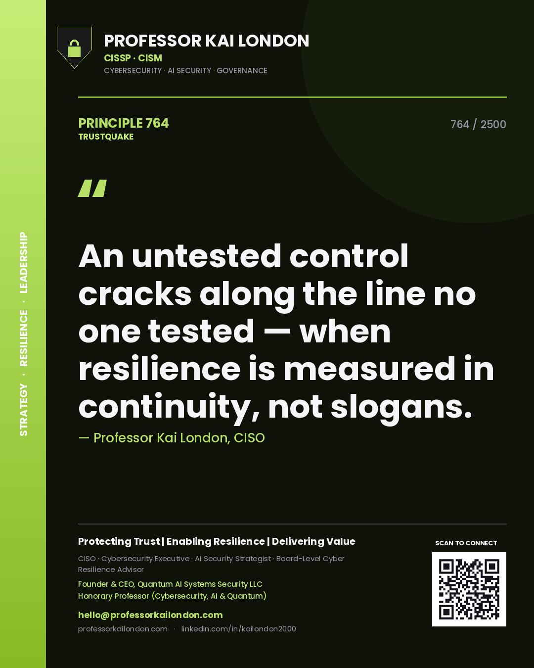 Quote card by Professor Kai London reading 'An untested control cracks along the line no one tested — when resilience is measured in continuity, not slogans.'. From the book Trustquake.