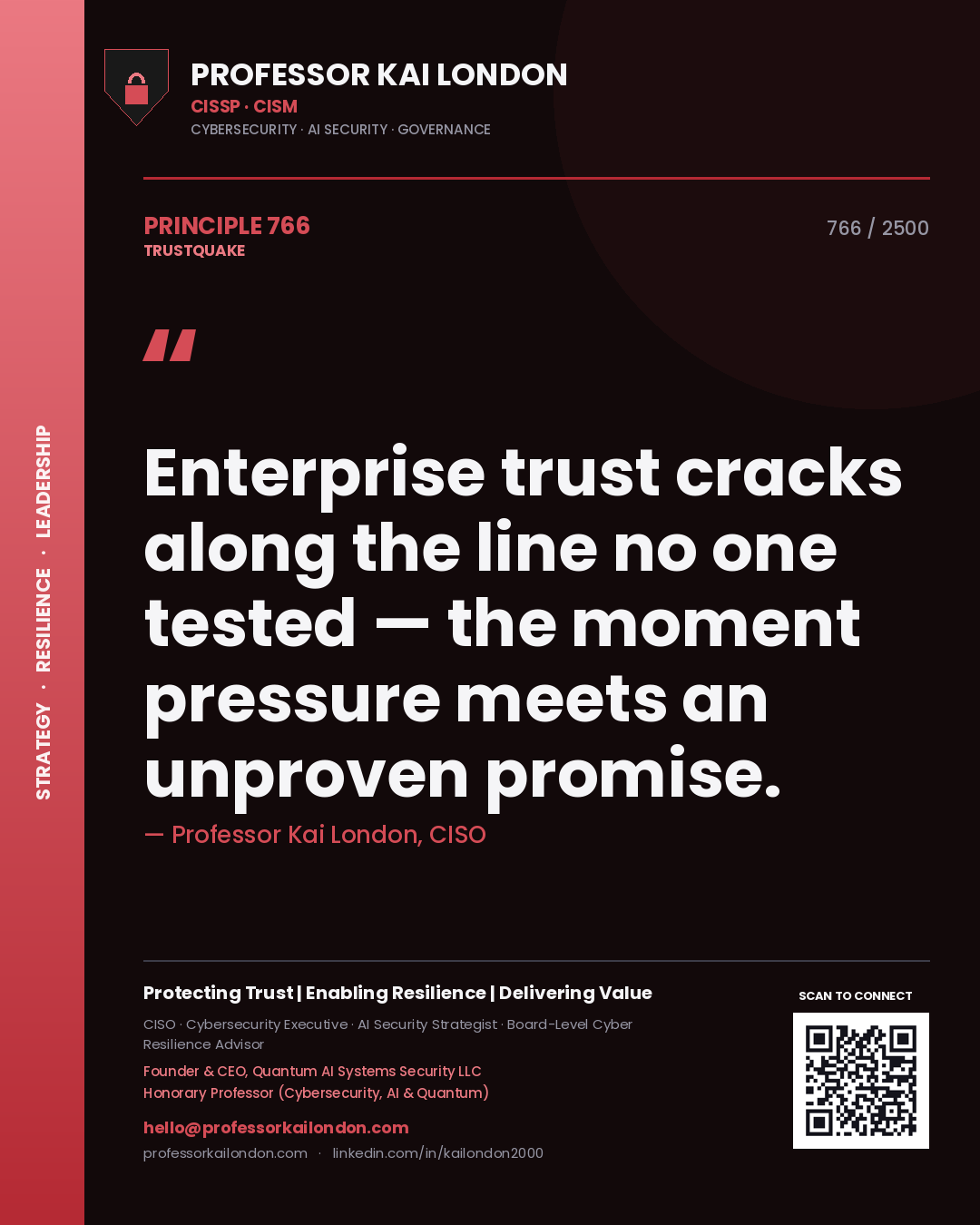Quote card by Professor Kai London reading 'Enterprise trust cracks along the line no one tested — the moment pressure meets an unproven promise.'. From the book Trustquake.