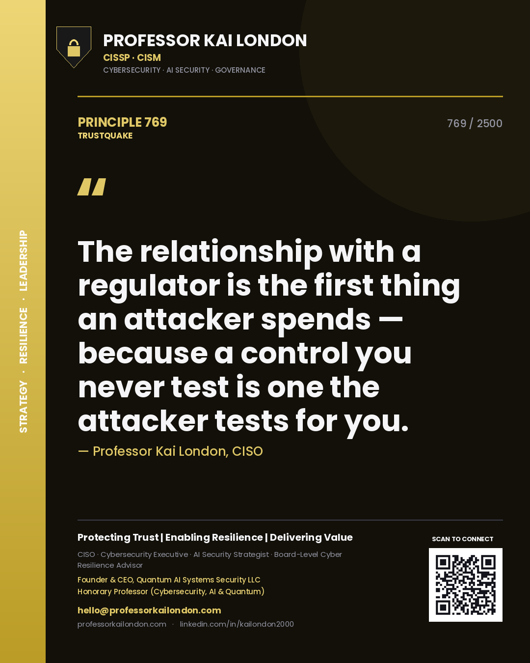 Professor Kai London principle 769: The relationship with a regulator is the first thing an attacker spends — because a control you never test is one the attacker tests for you.