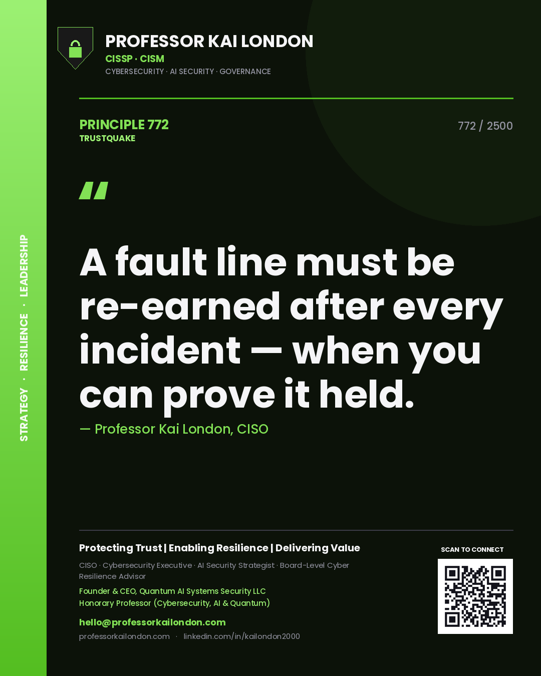 Professor Kai London principle 772: A fault line must be re-earned after every incident — when you can prove it held.