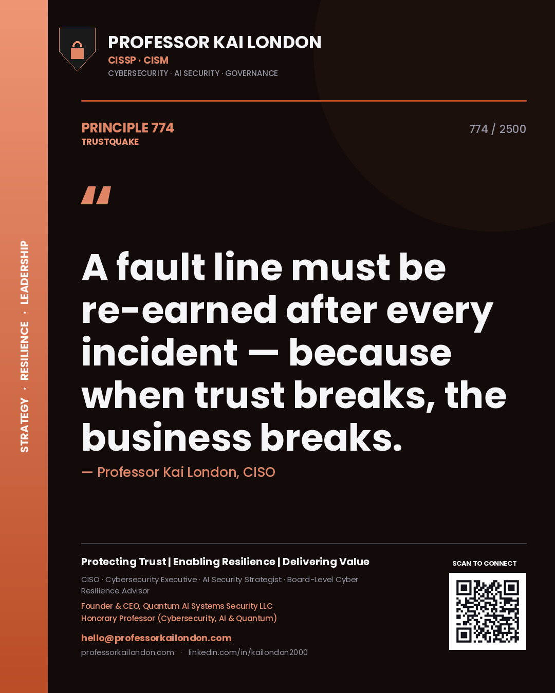 Quote card by Professor Kai London reading 'A fault line must be re-earned after every incident — because when trust breaks, the business breaks.'. From the book Trustquake.