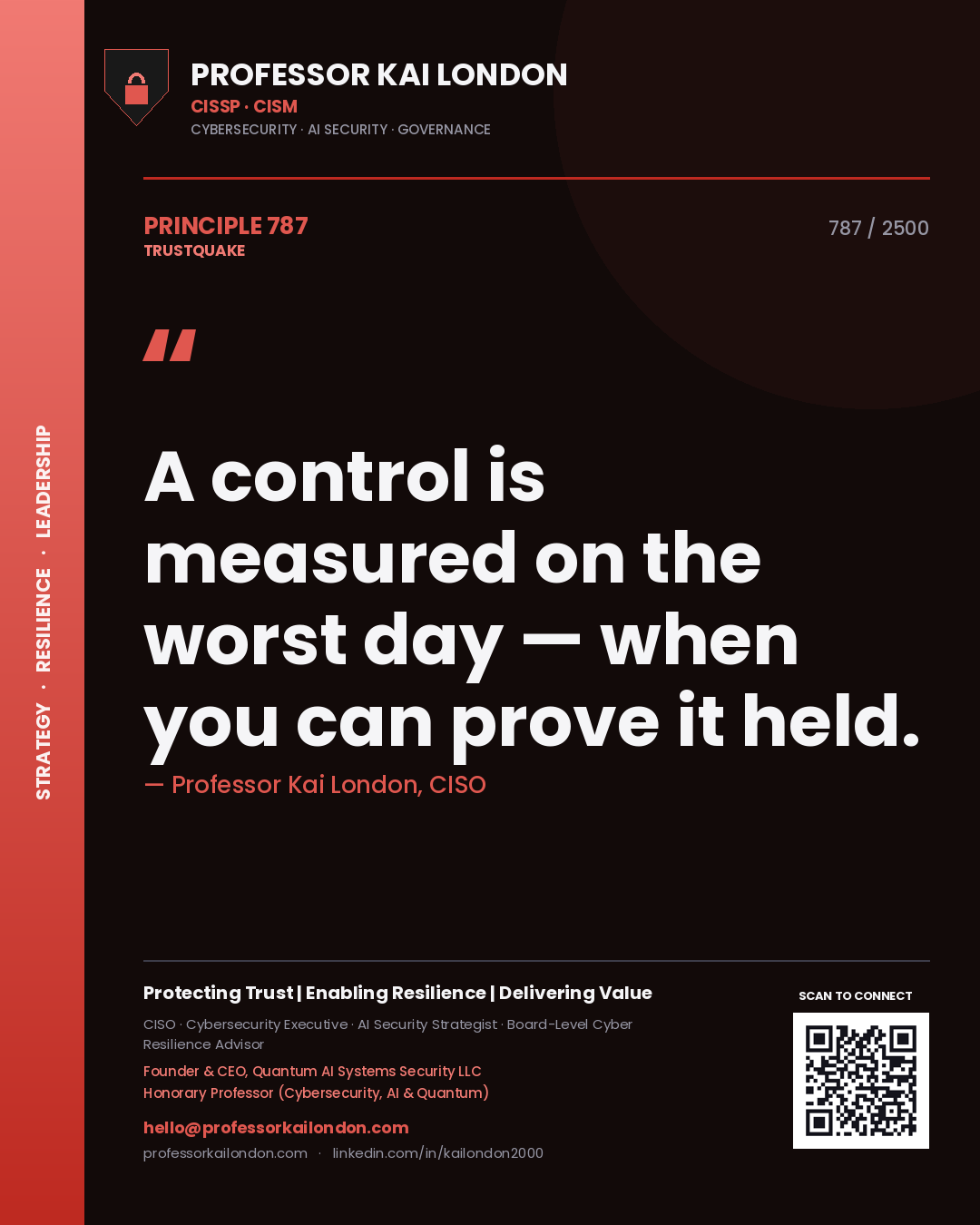 Professor Kai London principle 787: A control is measured on the worst day — when you can prove it held.