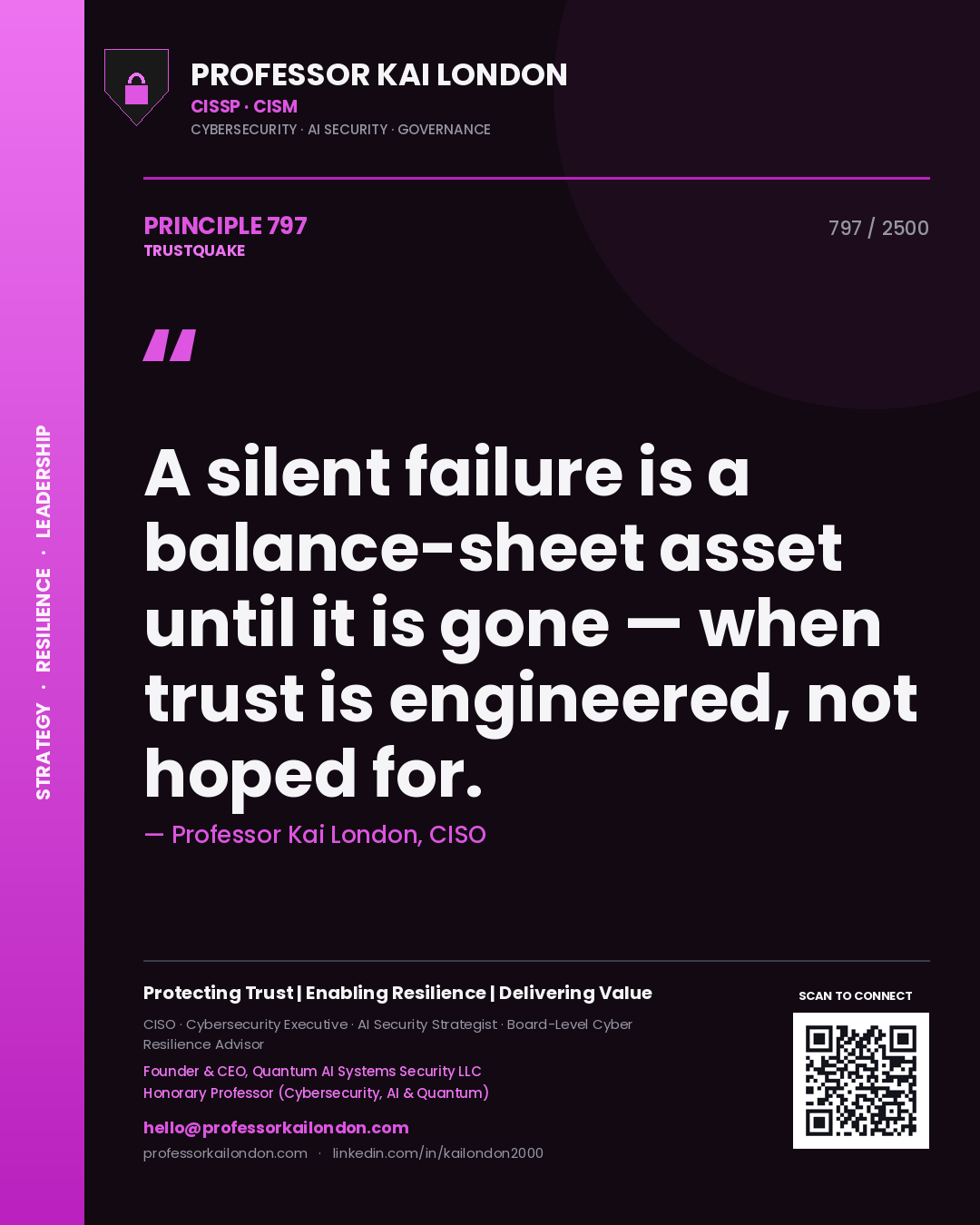 Quote card by Professor Kai London reading 'A silent failure is a balance-sheet asset until it is gone — when trust is engineered, not hoped for.'. From the book Trustquake.