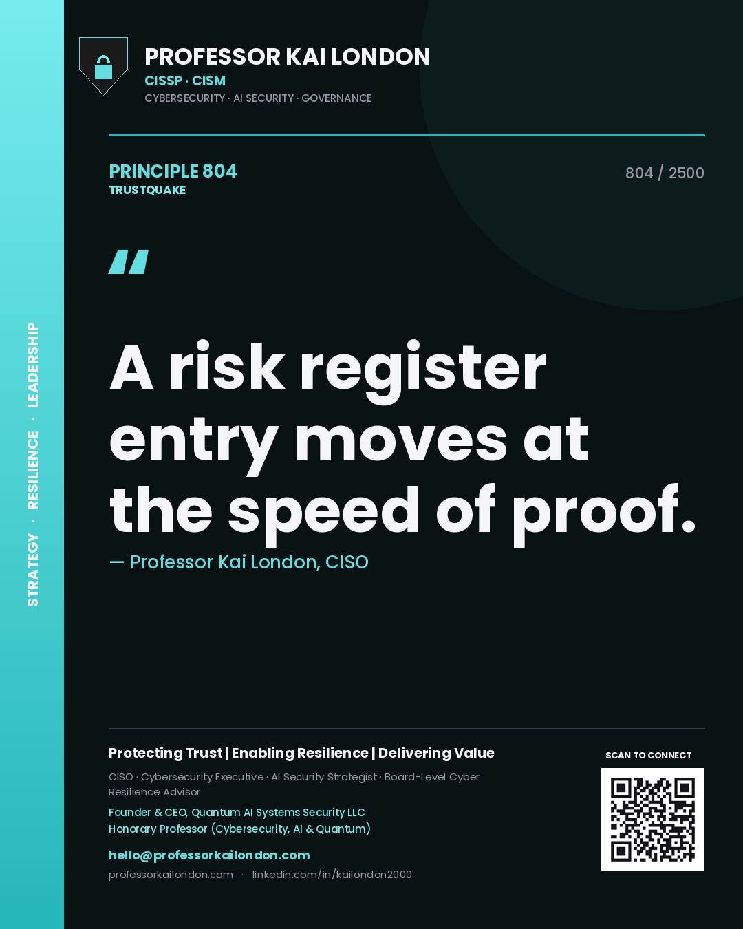 Quote card by Professor Kai London reading 'A risk register entry moves at the speed of proof.'. From the book Trustquake.