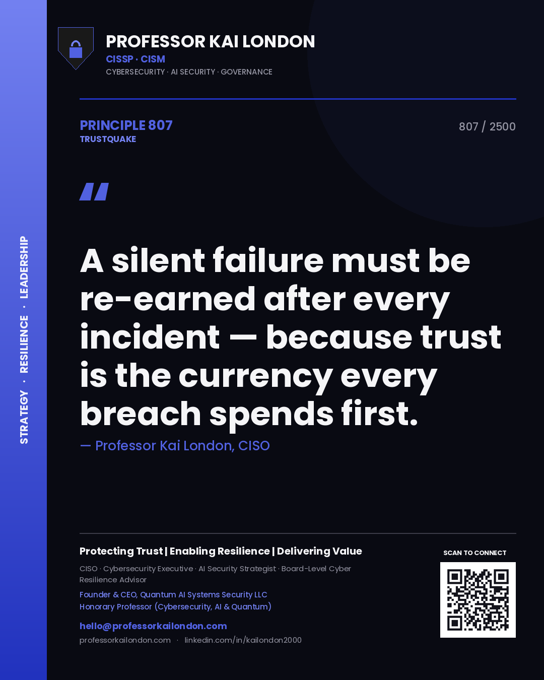 Quote card by Professor Kai London reading 'A silent failure must be re-earned after every incident — because trust is the currency every breach spends first.'. From the book Trustquake.