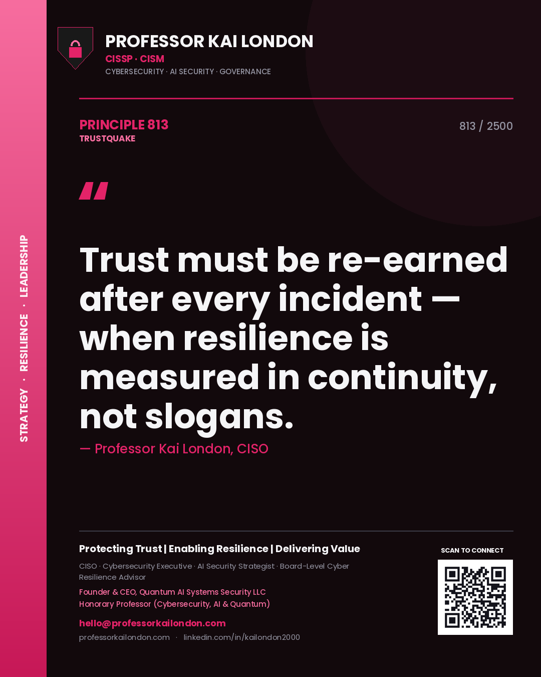 Quote card by Professor Kai London reading 'Trust must be re-earned after every incident — when resilience is measured in continuity, not slogans.'. From the book Trustquake.