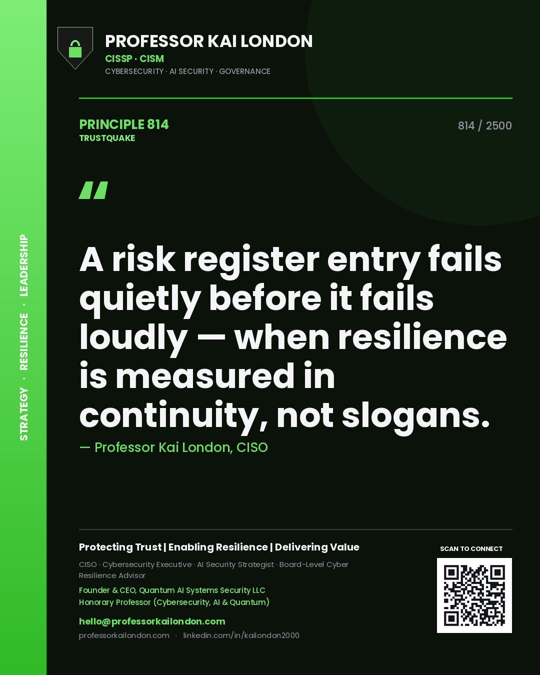 Professor Kai London principle 814: A risk register entry fails quietly before it fails loudly — when resilience is measured in continuity, not slogans.