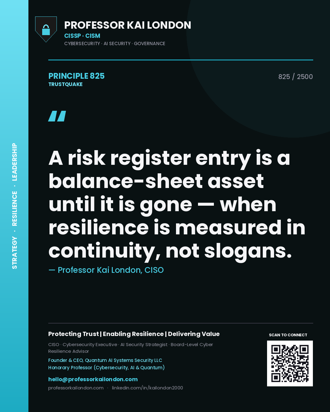 Quote card by Professor Kai London reading 'A risk register entry is a balance-sheet asset until it is gone — when resilience is measured in continuity, not slogans.'. From the book Trustquake.