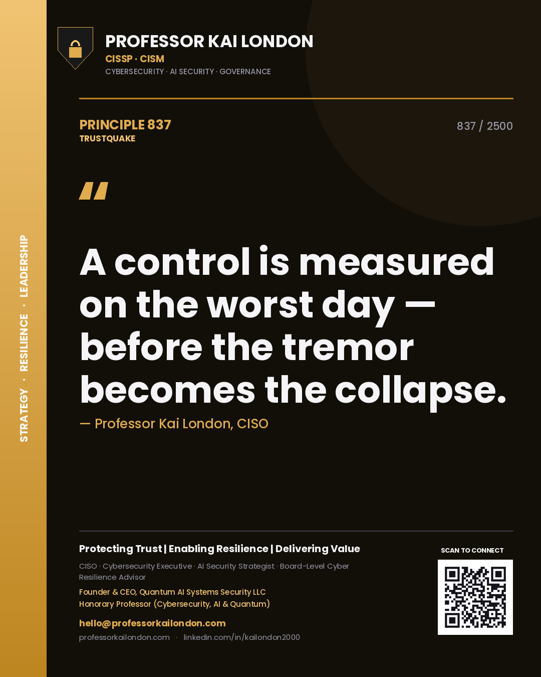 Quote card by Professor Kai London reading 'A control is measured on the worst day — before the tremor becomes the collapse.'. From the book Trustquake.