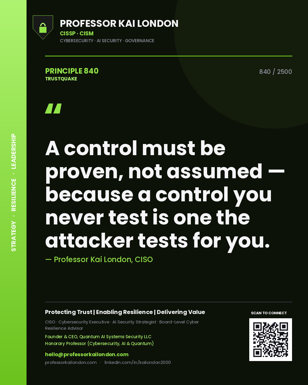 Professor Kai London principle 840: A control must be proven, not assumed — because a control you never test is one the attacker tests for you.