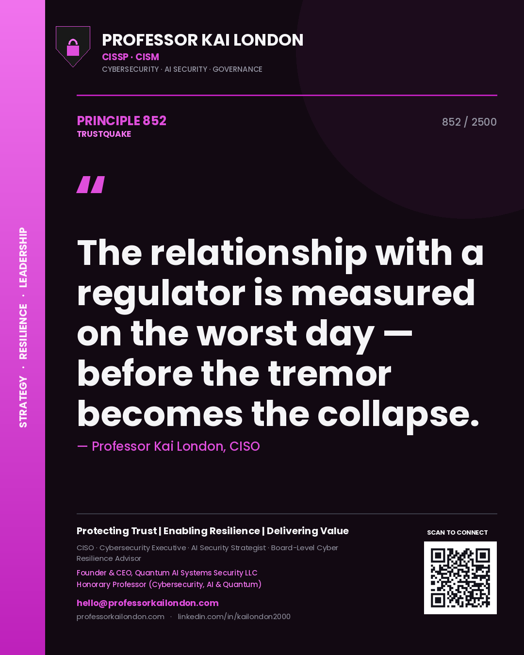 Professor Kai London principle 852: The relationship with a regulator is measured on the worst day — before the tremor becomes the collapse.