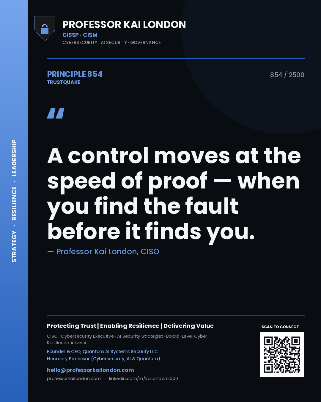 Professor Kai London principle 854: A control moves at the speed of proof — when you find the fault before it finds you.