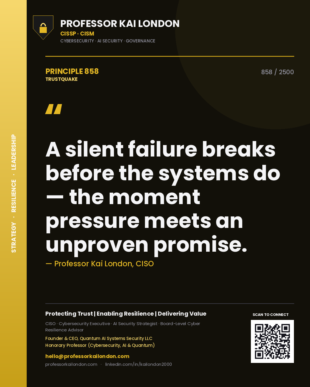 Professor Kai London principle 858: A silent failure breaks before the systems do — the moment pressure meets an unproven promise.