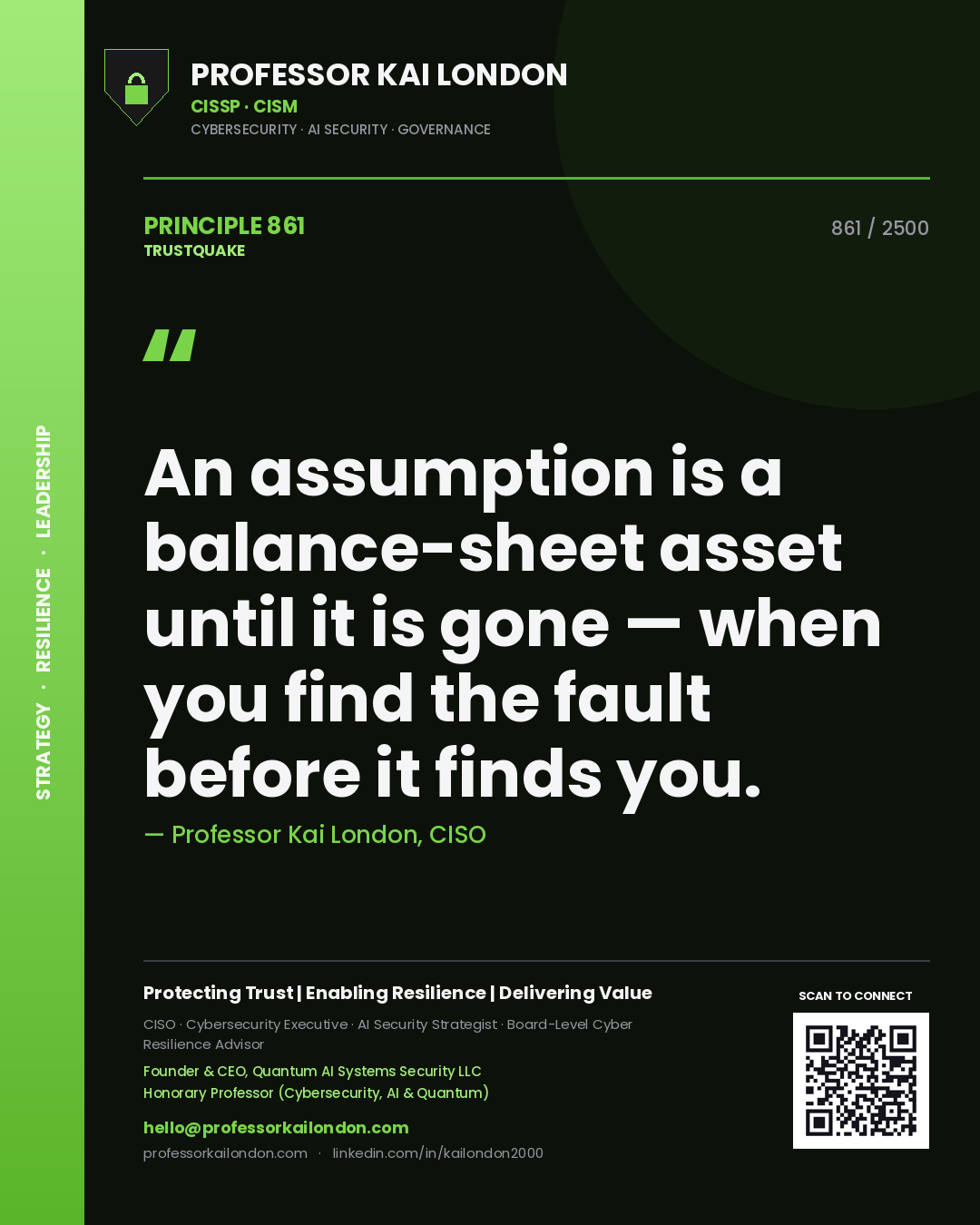 Professor Kai London principle 861: An assumption is a balance-sheet asset until it is gone — when you find the fault before it finds you.