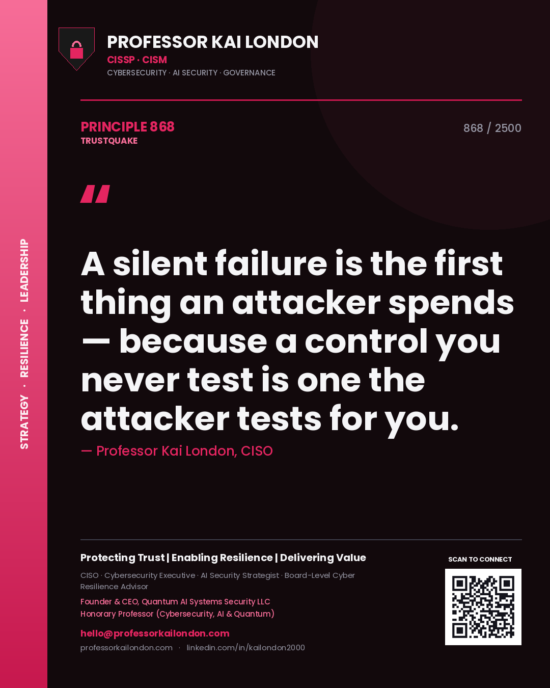 Professor Kai London principle 868: A silent failure is the first thing an attacker spends — because a control you never test is one the attacker tests for you.