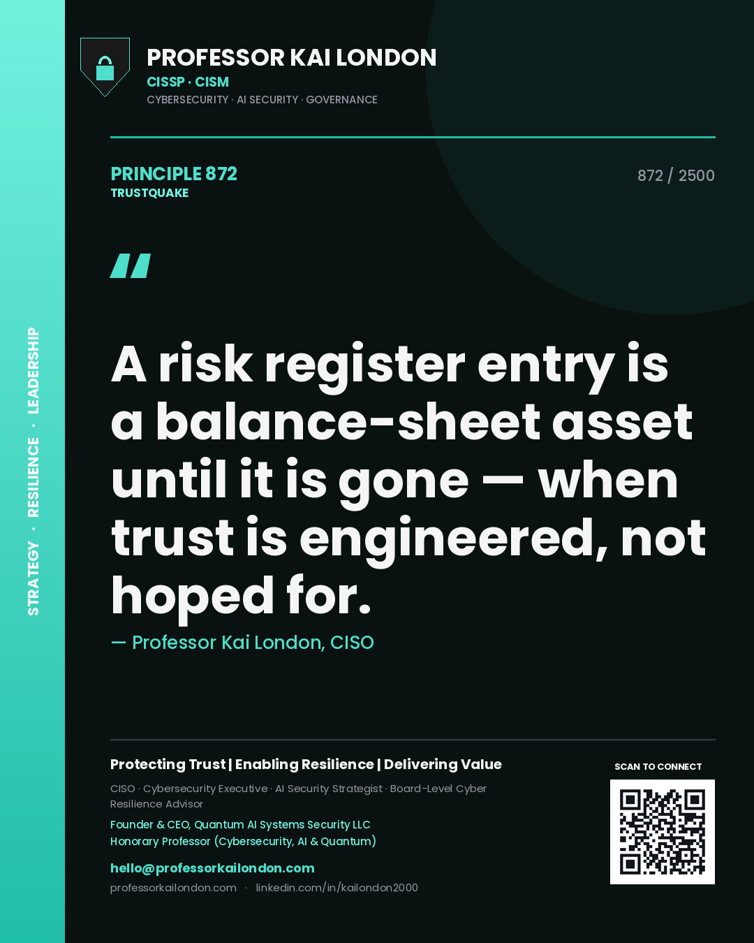 Quote card by Professor Kai London reading 'A risk register entry is a balance-sheet asset until it is gone — when trust is engineered, not hoped for.'. From the book Trustquake.