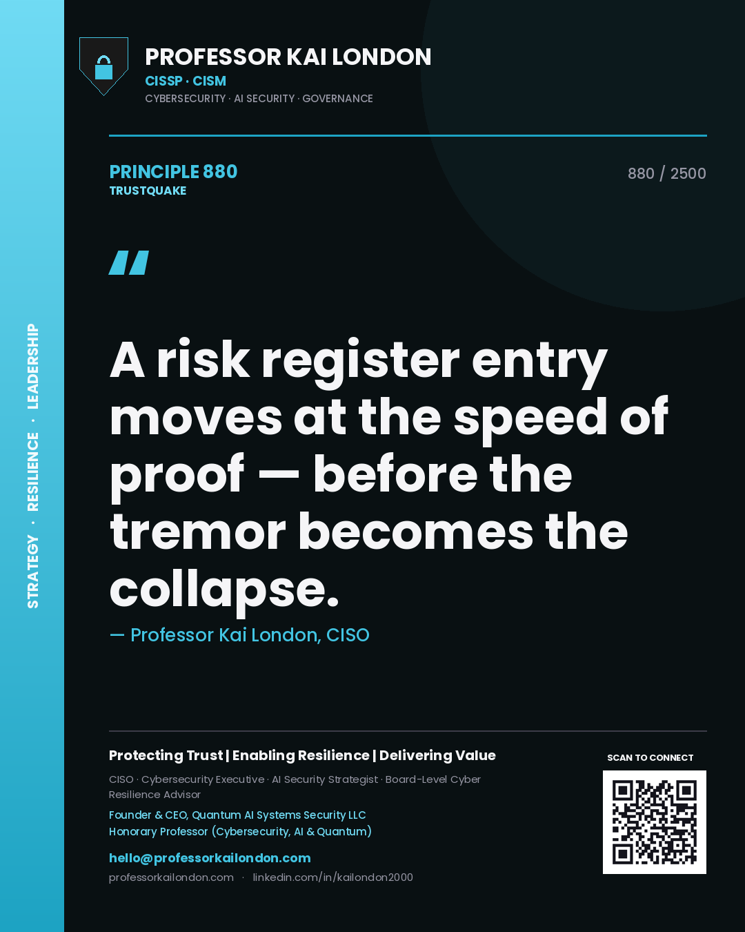 Professor Kai London principle 880: A risk register entry moves at the speed of proof — before the tremor becomes the collapse.