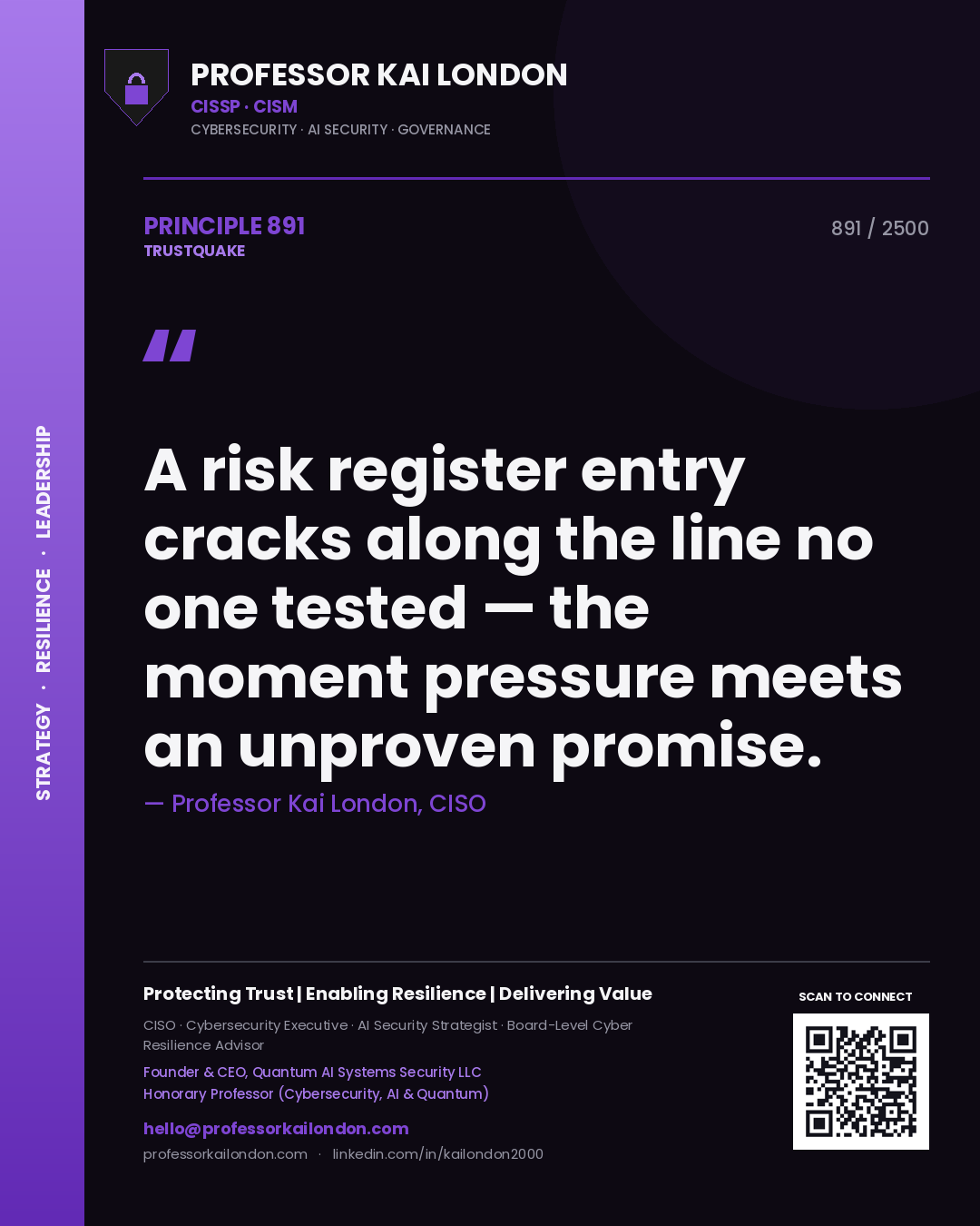 Professor Kai London principle 891: A risk register entry cracks along the line no one tested — the moment pressure meets an unproven promise.