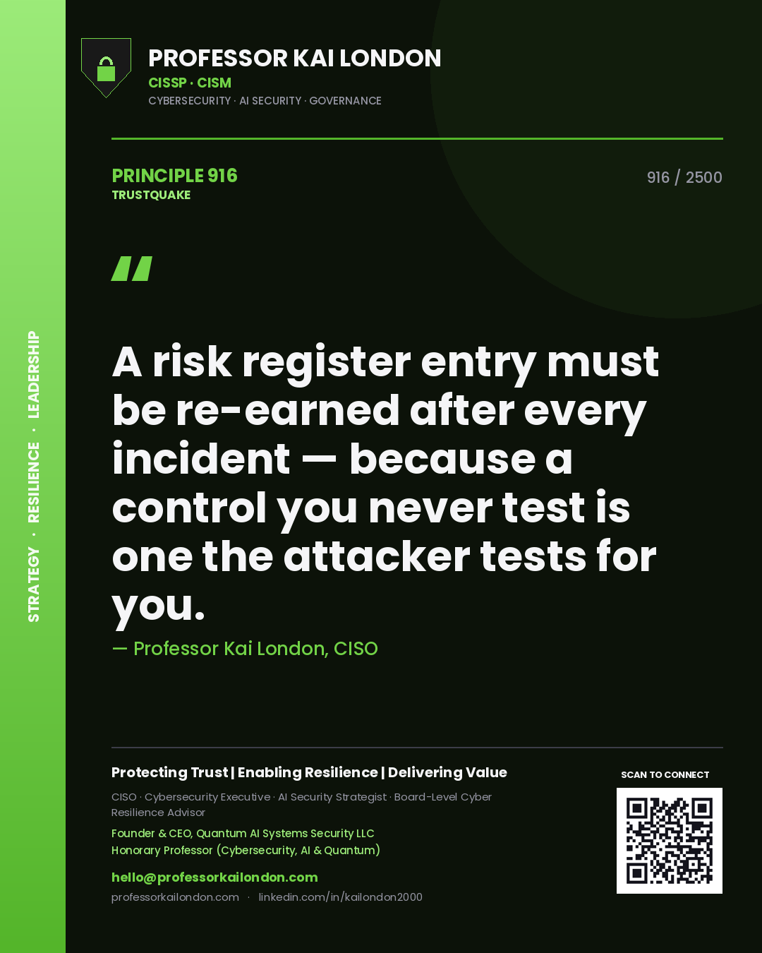 Professor Kai London principle 916: A risk register entry must be re-earned after every incident — because a control you never test is one the attacker tests for you.