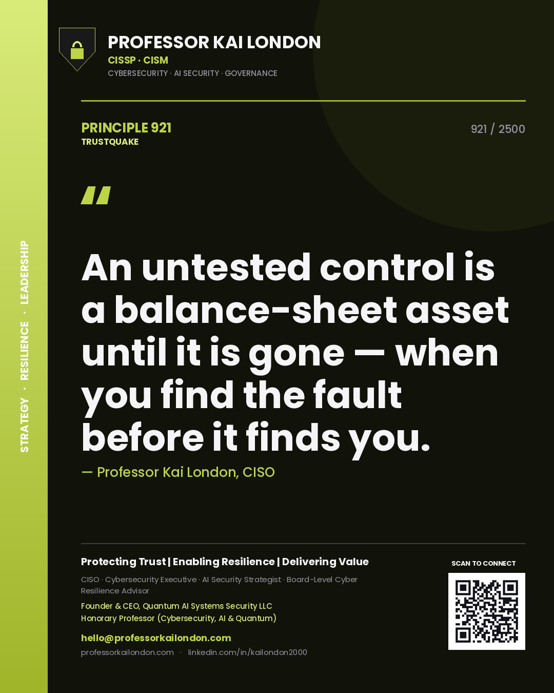 Quote card by Professor Kai London reading 'An untested control is a balance-sheet asset until it is gone — when you find the fault before it finds you.'. From the book Trustquake.