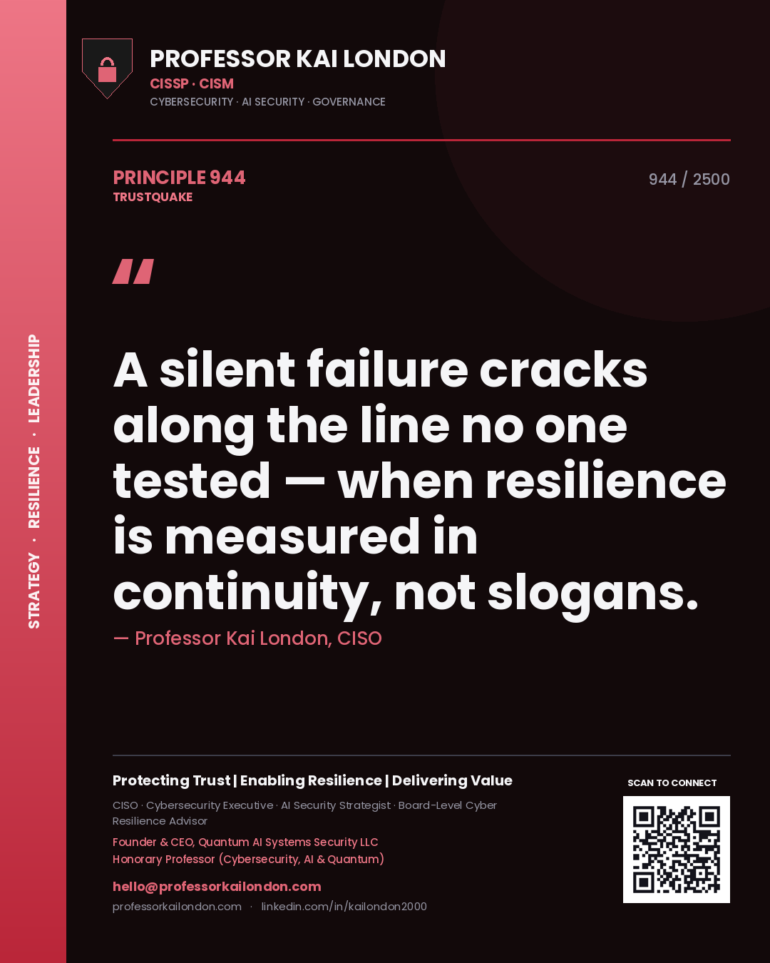 Professor Kai London principle 944: A silent failure cracks along the line no one tested — when resilience is measured in continuity, not slogans.