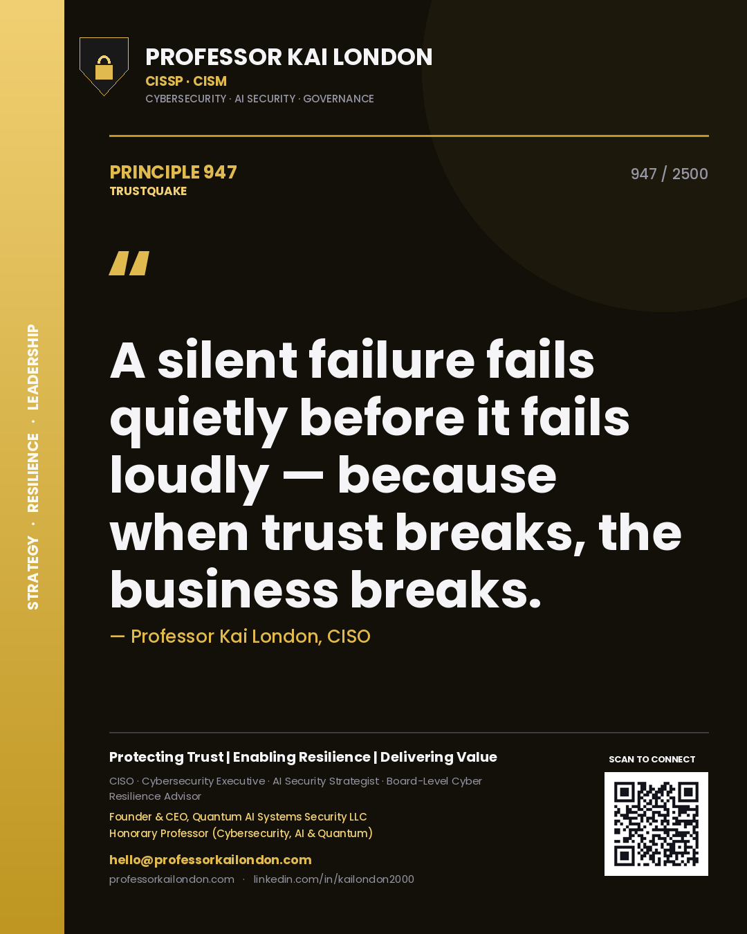Quote card by Professor Kai London reading 'A silent failure fails quietly before it fails loudly — because when trust breaks, the business breaks.'. From the book Trustquake.