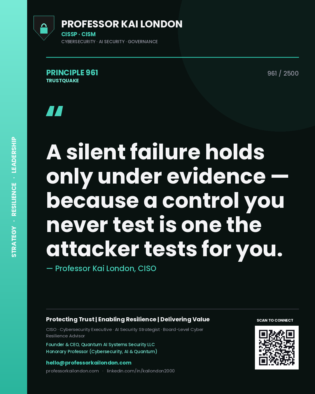 Quote card by Professor Kai London reading 'A silent failure holds only under evidence — because a control you never test is one the attacker tests for you.'. From the book Trustquake.