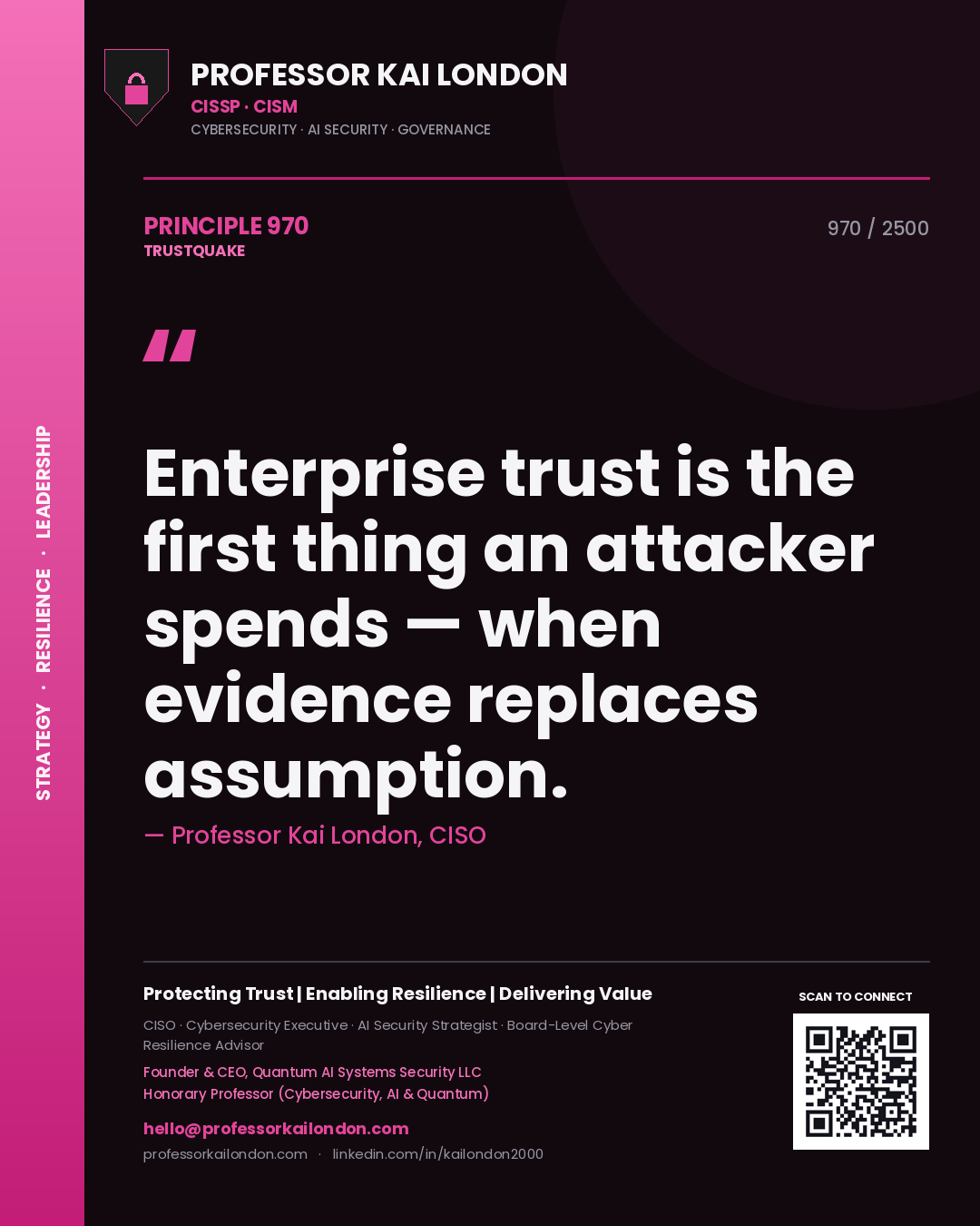 Quote card by Professor Kai London reading 'Enterprise trust is the first thing an attacker spends — when evidence replaces assumption.'. From the book Trustquake.