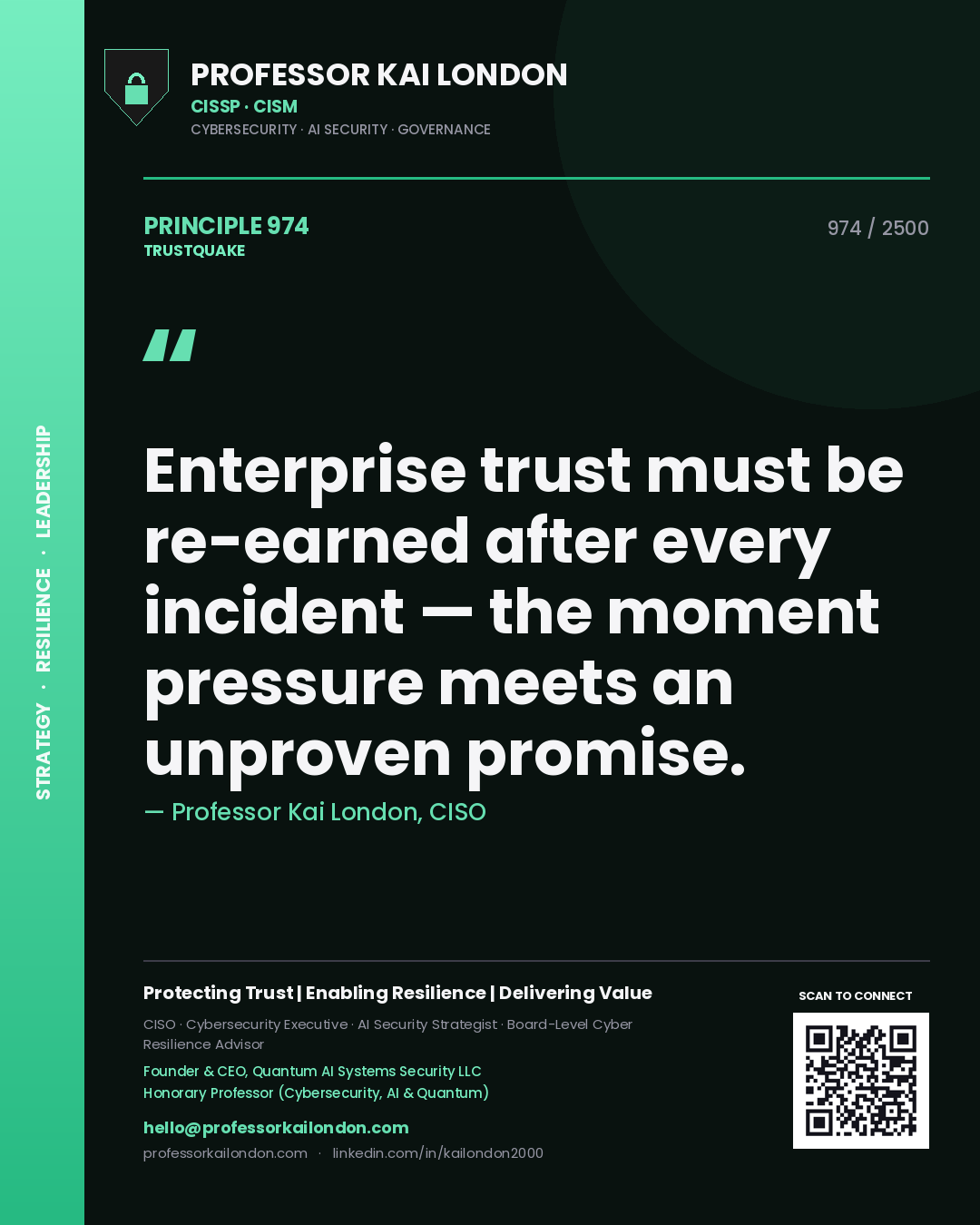 Quote card by Professor Kai London reading 'Enterprise trust must be re-earned after every incident — the moment pressure meets an unproven promise.'. From the book Trustquake.