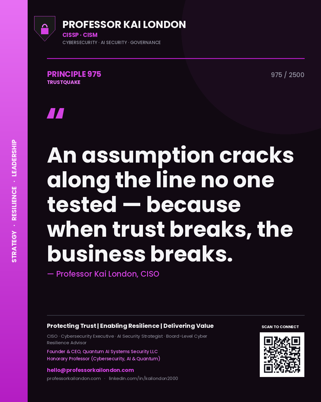 Professor Kai London principle 975: An assumption cracks along the line no one tested — because when trust breaks, the business breaks.