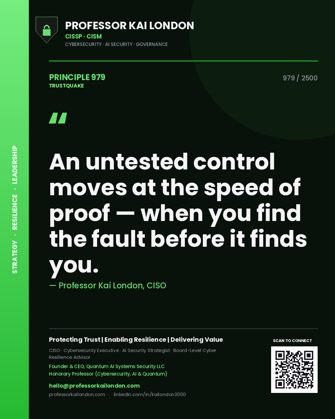Professor Kai London principle 979: An untested control moves at the speed of proof — when you find the fault before it finds you.