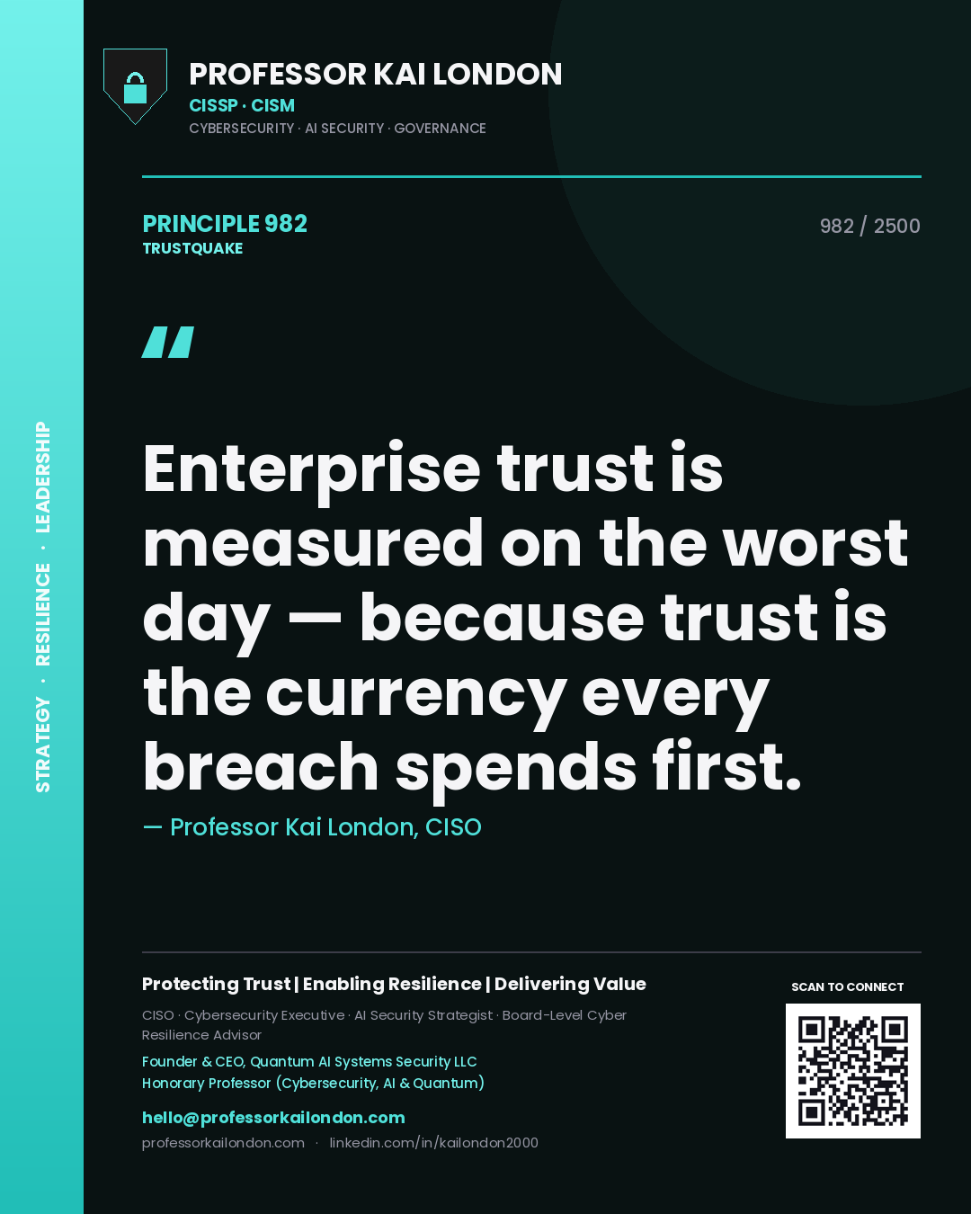 Quote card by Professor Kai London reading 'Enterprise trust is measured on the worst day — because trust is the currency every breach spends first.'. From the book Trustquake.