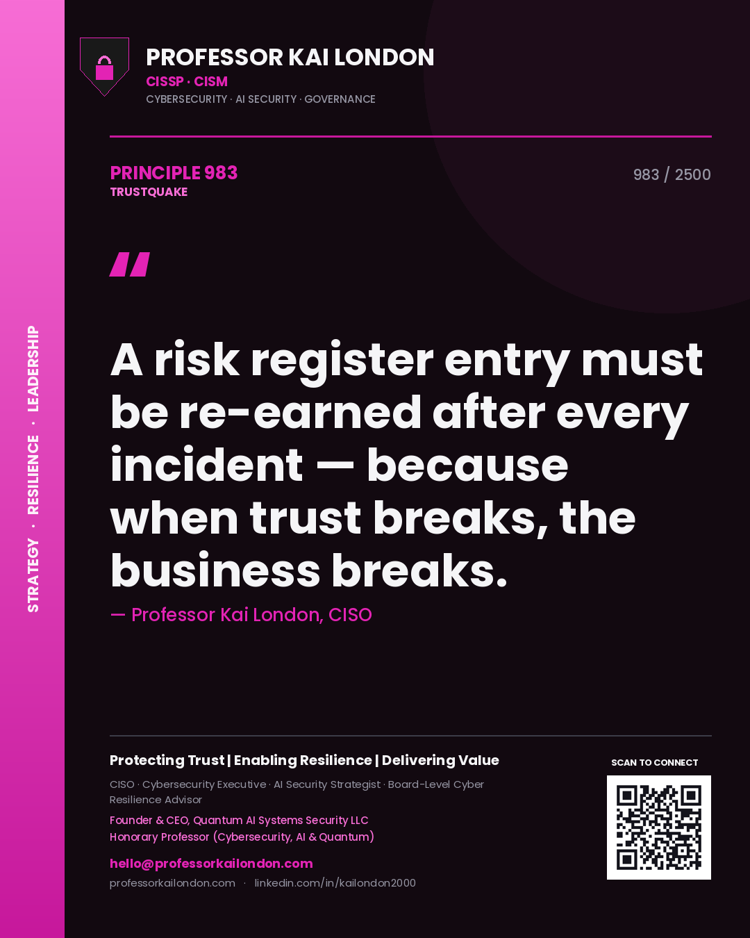 Professor Kai London principle 983: A risk register entry must be re-earned after every incident — because when trust breaks, the business breaks.