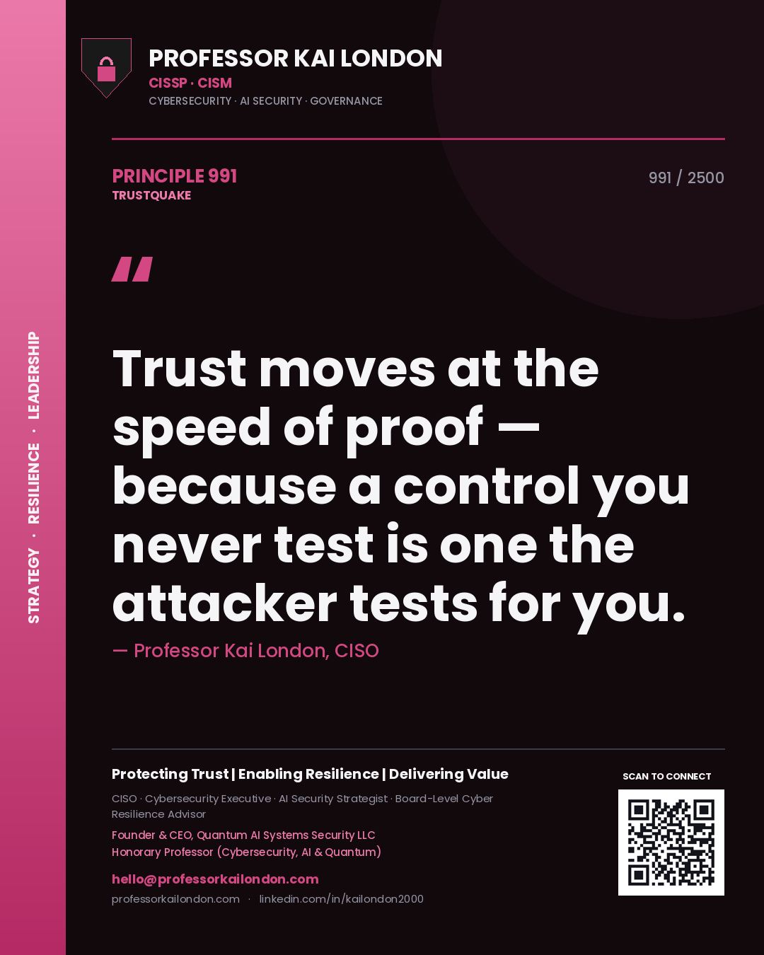 Professor Kai London principle 991: Trust moves at the speed of proof — because a control you never test is one the attacker tests for you.